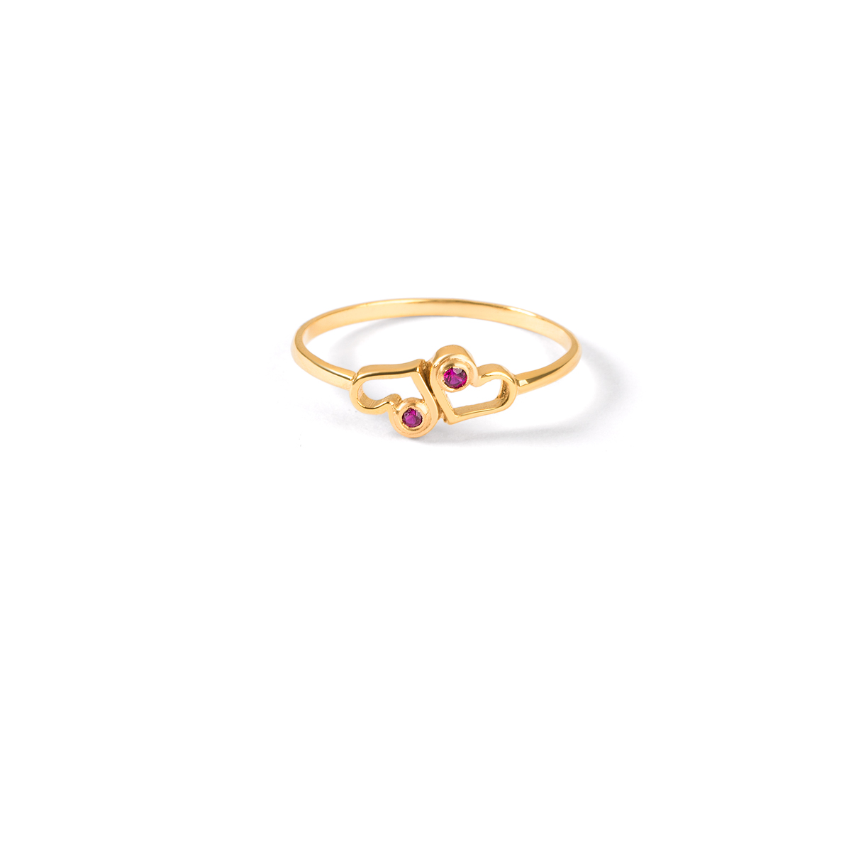 Gold ring with two red gem heartsG